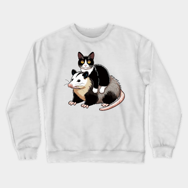 Cute Tuxedo Cat On A Opossum Crewneck Sweatshirt by MoDesigns22 